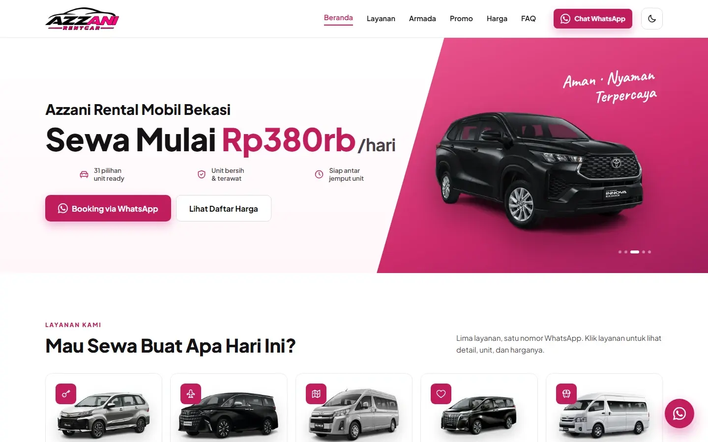 Tampilan halaman website Azzani Rental Mobil