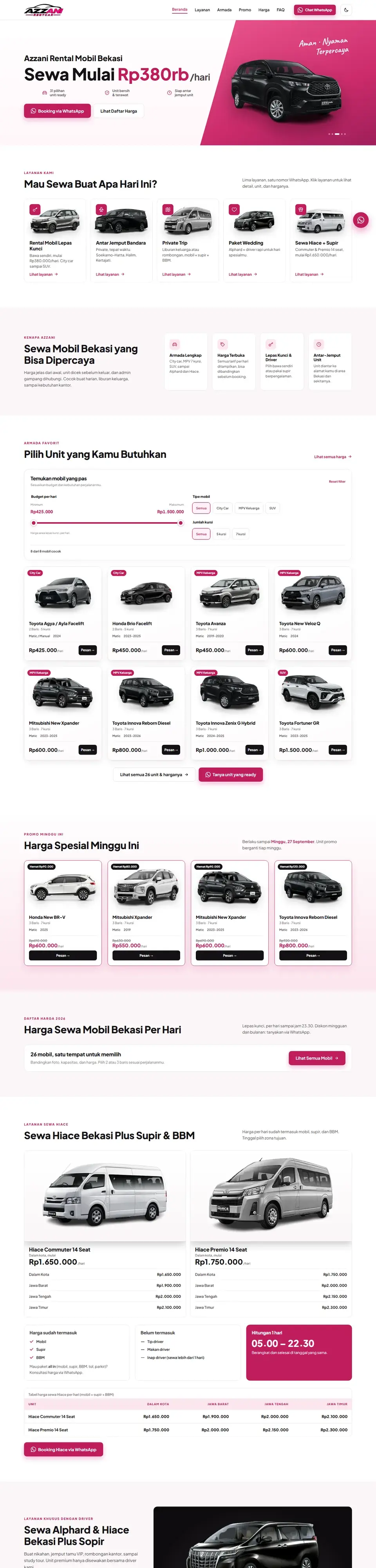 Tangkapan layar halaman penuh website Azzani Rental Mobil