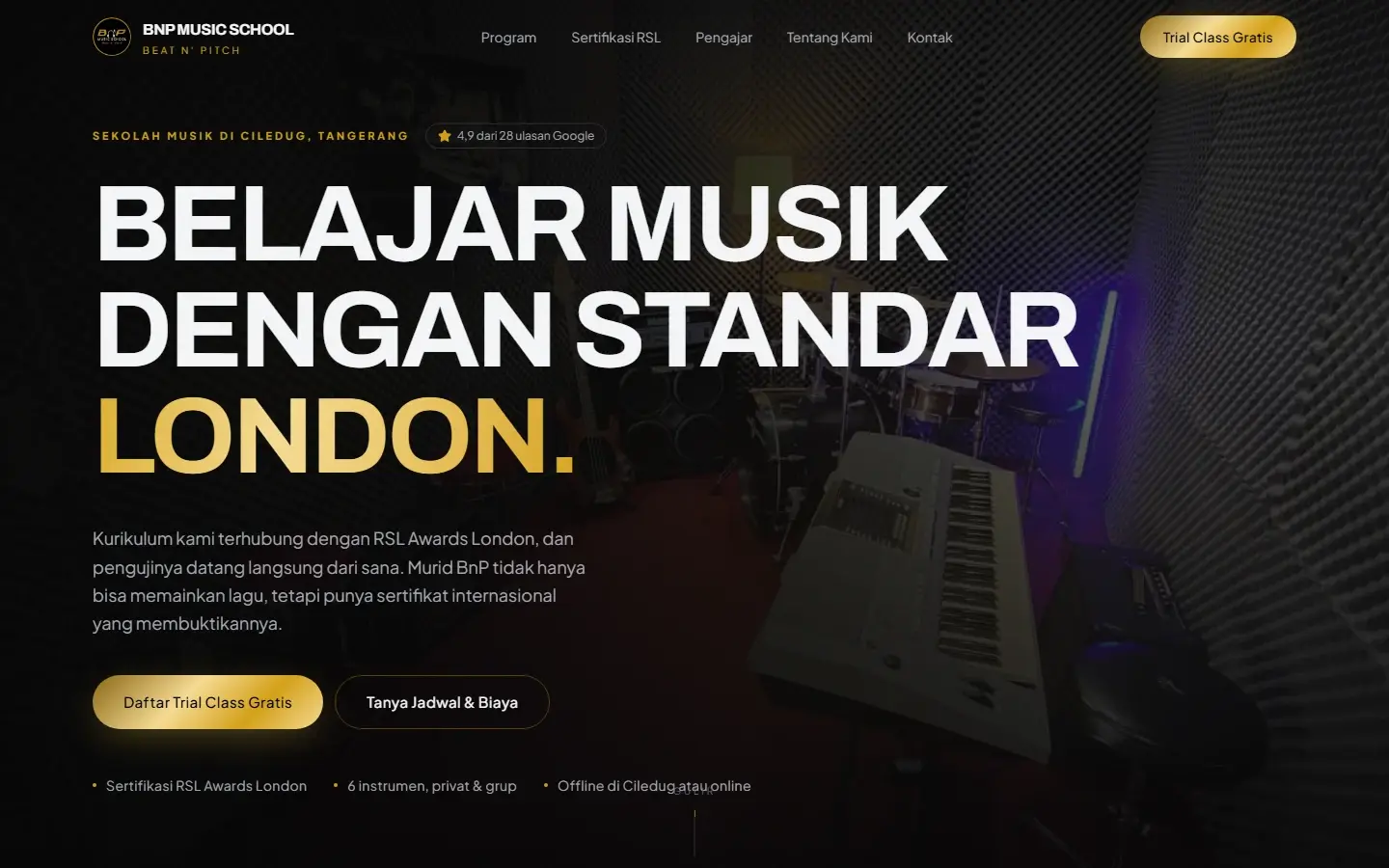 Tampilan halaman website BnP Music School (Beat n' Pitch)