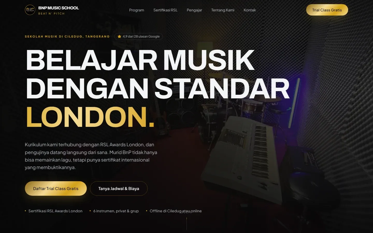 Contoh website sekolah, kursus, dan lembaga pendidikan: BnP Music School (Beat n' Pitch)