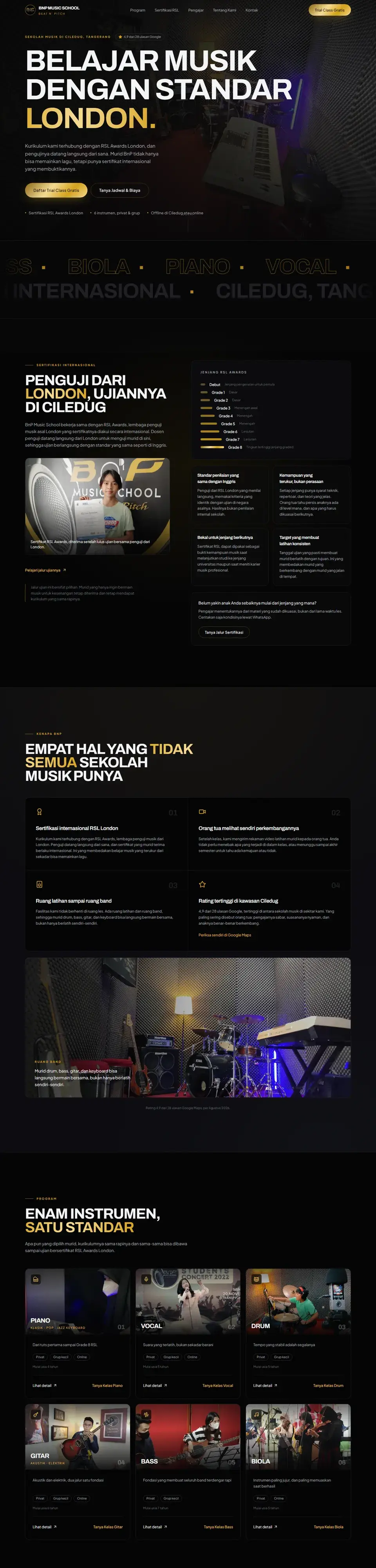 Tangkapan layar halaman penuh website BnP Music School (Beat n' Pitch)