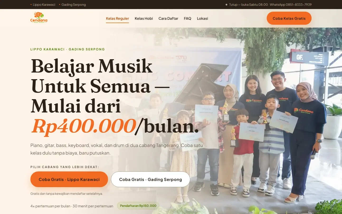 Tampilan halaman website Cendana Music School