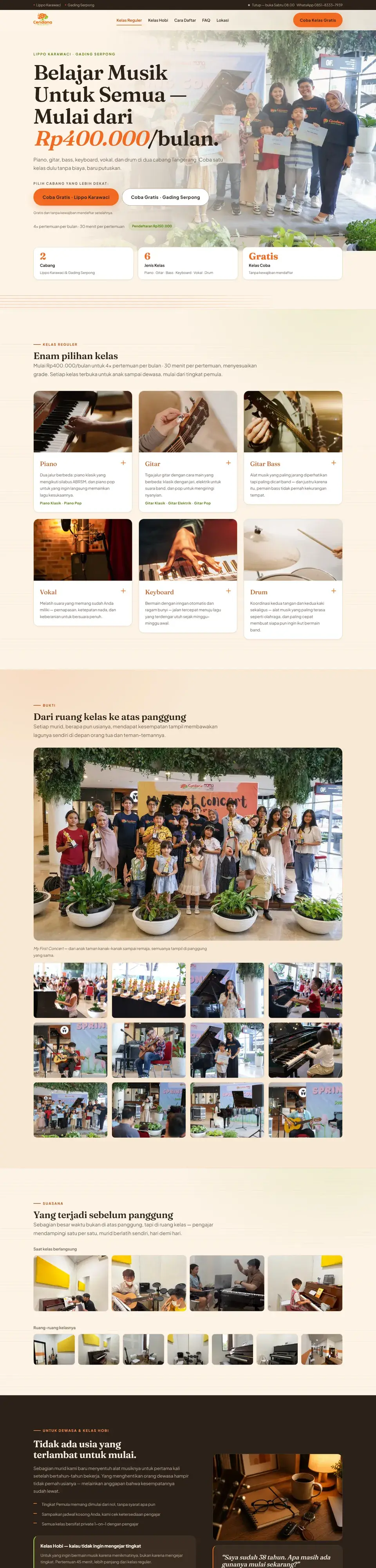Tangkapan layar halaman penuh website Cendana Music School