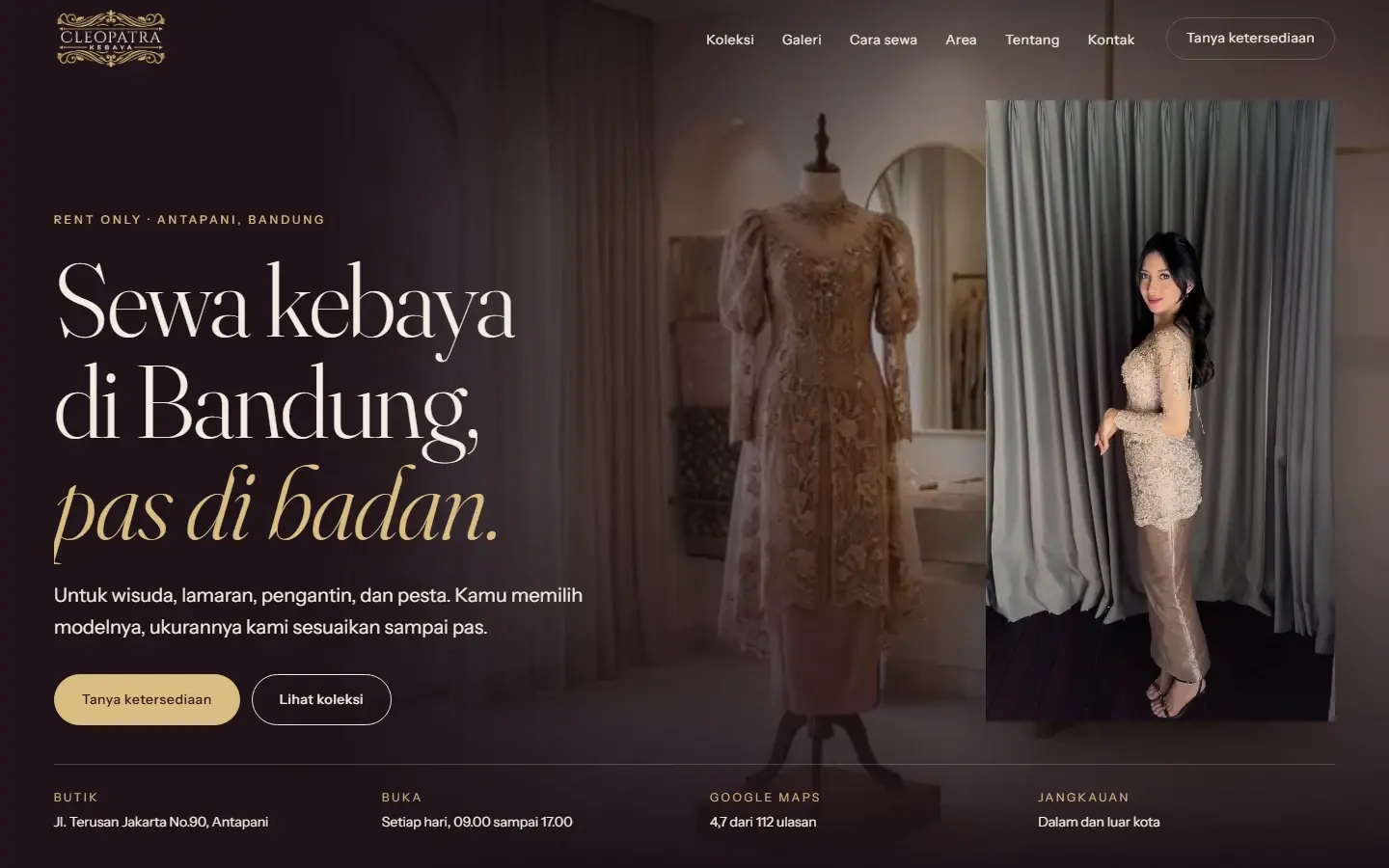 Tampilan halaman website Cleopatra Kebaya Gallery