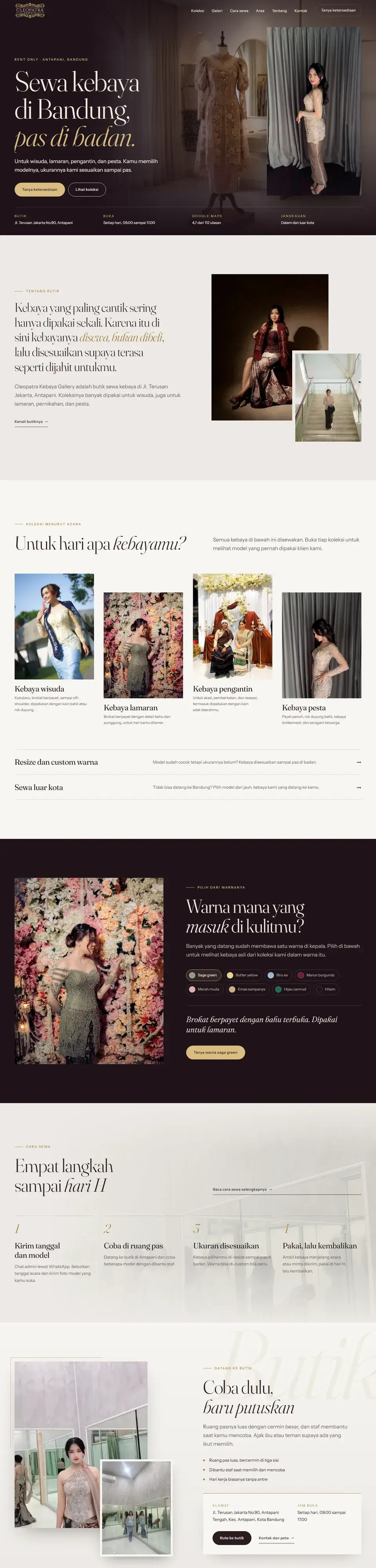 Tangkapan layar halaman penuh website Cleopatra Kebaya Gallery