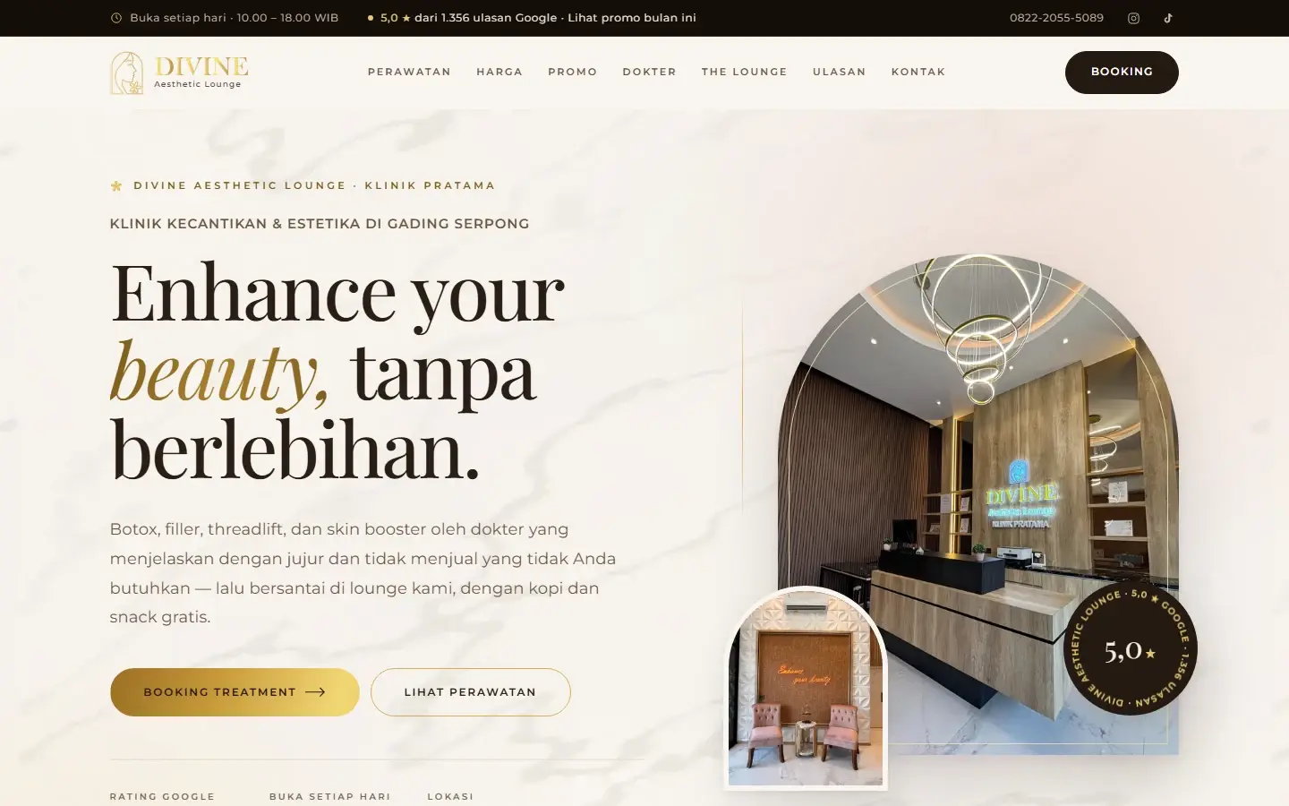 Tampilan halaman website Divine Aesthetic Lounge