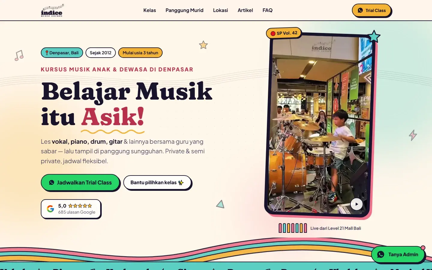 Tampilan halaman website Indice Music Course