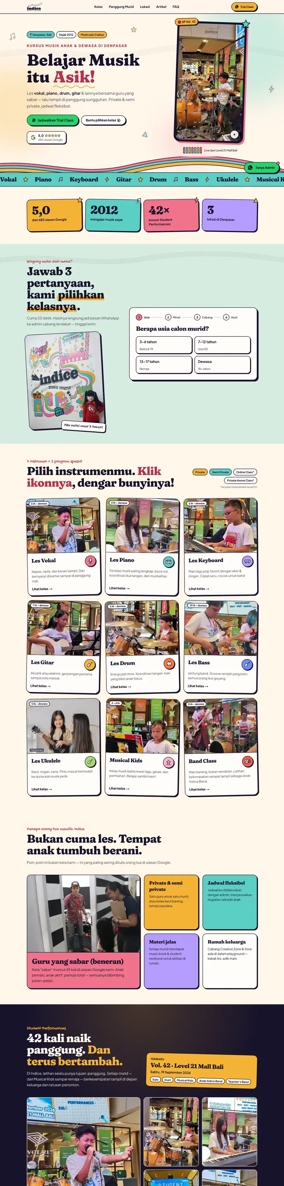 Tangkapan layar halaman penuh website Indice Music Course