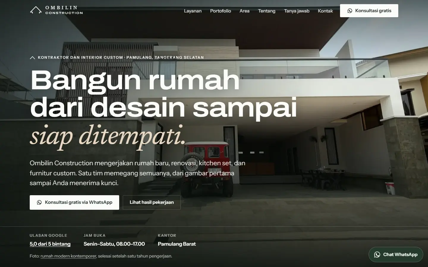 Tampilan halaman website Ombilin Construction