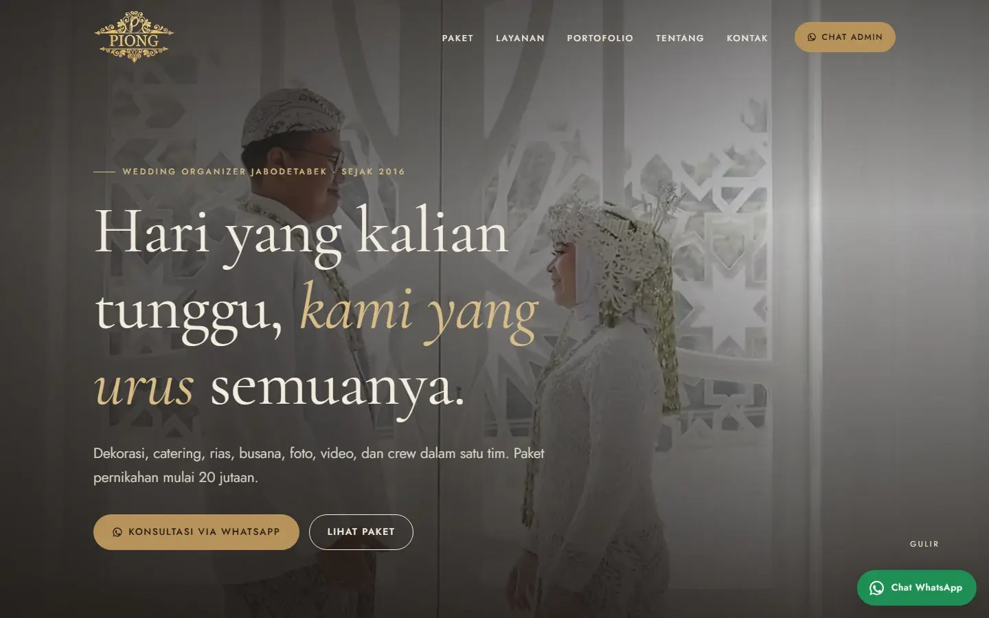 Tampilan halaman website Piong Wedding