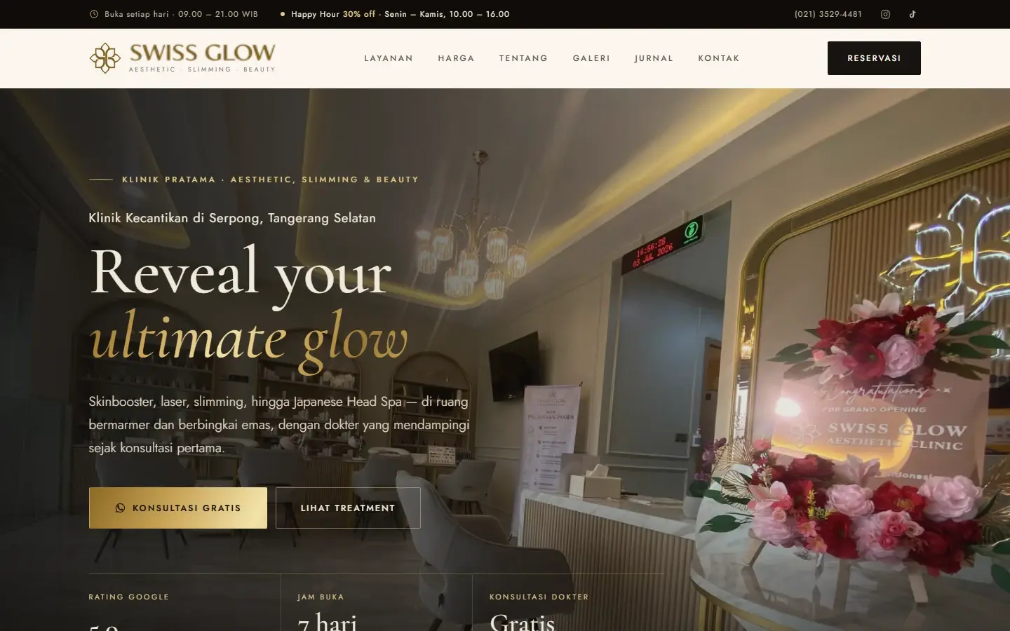 Tampilan halaman website Swiss Glow Clinic & Beauty Center