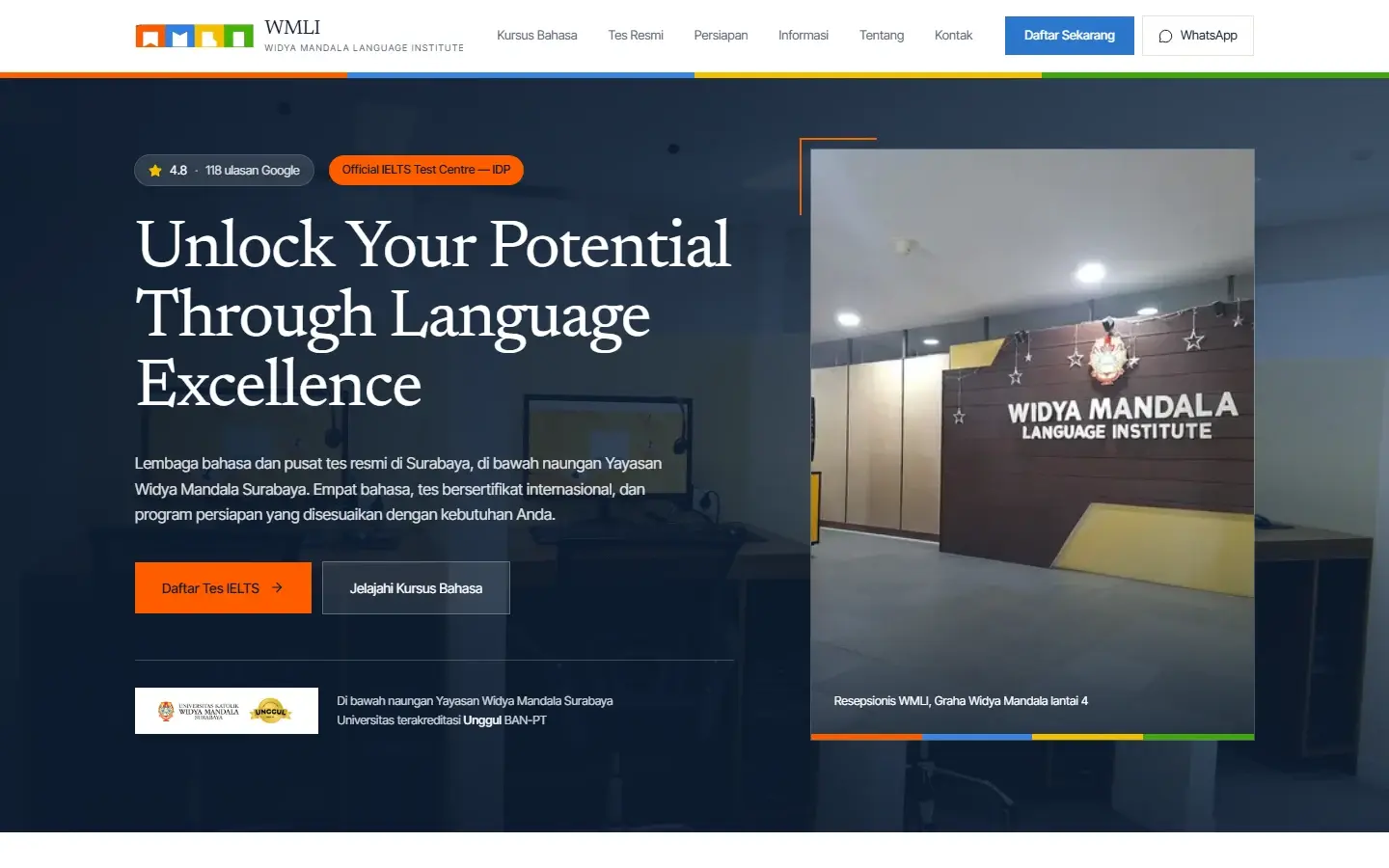 Tampilan halaman website Widya Mandala Language Institute