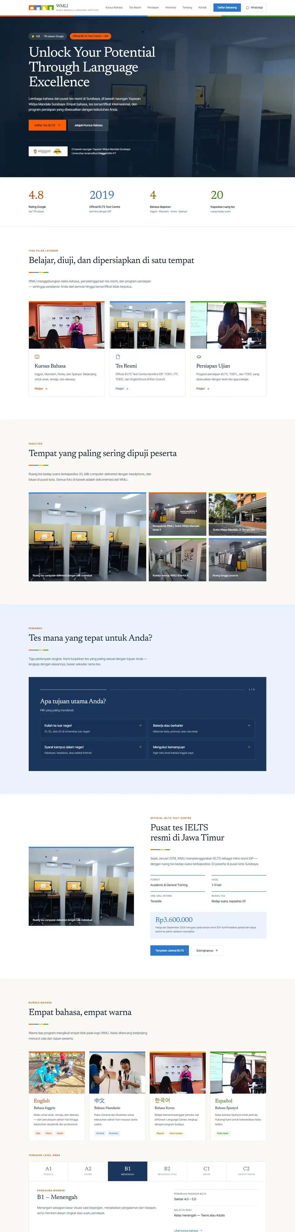 Tangkapan layar halaman penuh website Widya Mandala Language Institute