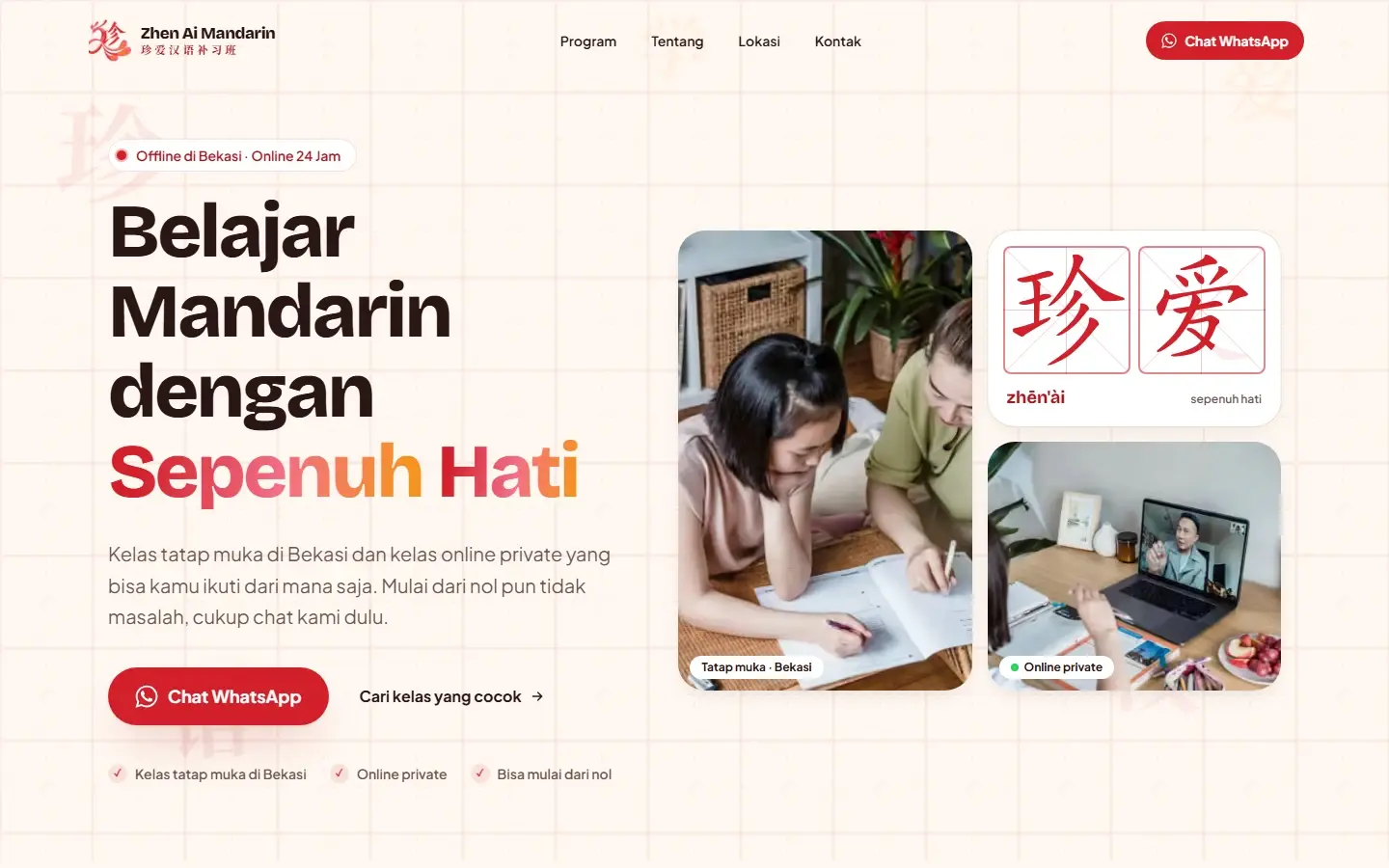 Tampilan halaman website Zhen Ai Mandarin